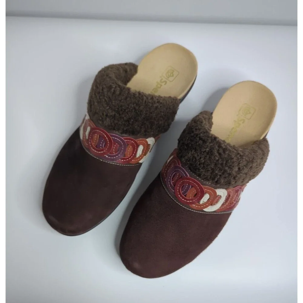 NWOT Spenco Sz 8.5 Women's Slides Clogs Wedge Heel Suede Brown Fur Lined Upper